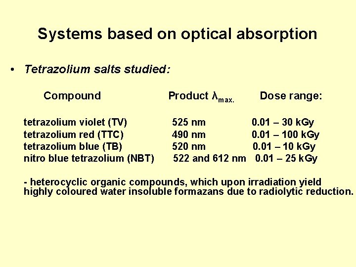 Systems based on optical absorption • Tetrazolium salts studied: Compound tetrazolium violet (TV) tetrazolium Systems based on optical absorption • Tetrazolium salts studied: Compound tetrazolium violet (TV) tetrazolium