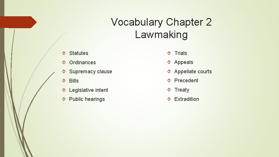 Vocabulary Chapter 2 Lawmaking Statutes Trials Ordinances Appeals Supremacy clause Appellate courts Bills Precedent
