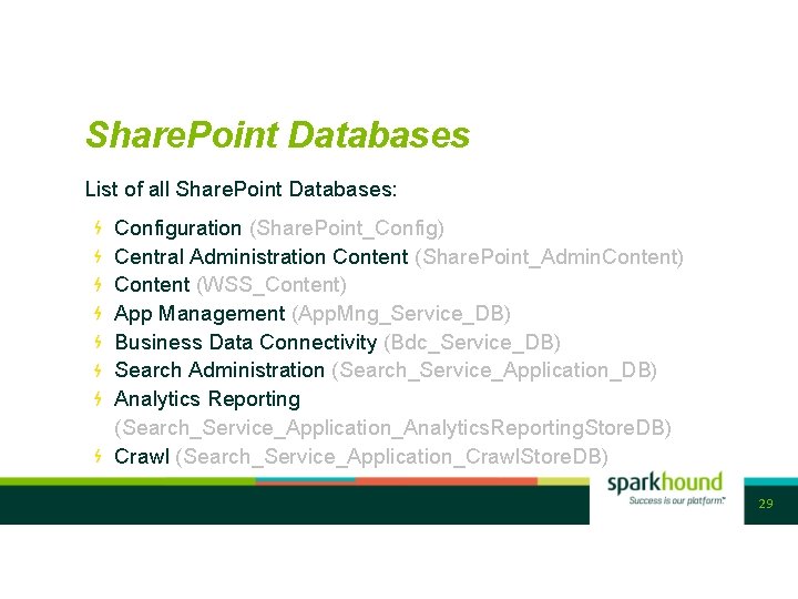 Share. Point Databases List of all Share. Point Databases: Configuration (Share. Point_Config) Central Administration