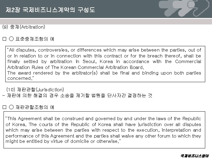 제 2장 국제비즈니스계약의 구성도 (9) 중재(Arbitration) � ○ 표준중재조항의 예 “All disputes, controversies, or