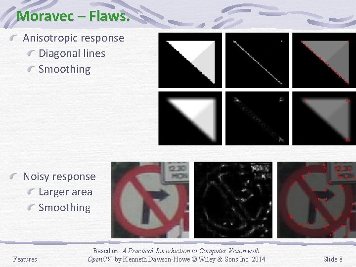 Moravec – Flaws. Anisotropic response Diagonal lines Smoothing Noisy response Larger area Smoothing Features
