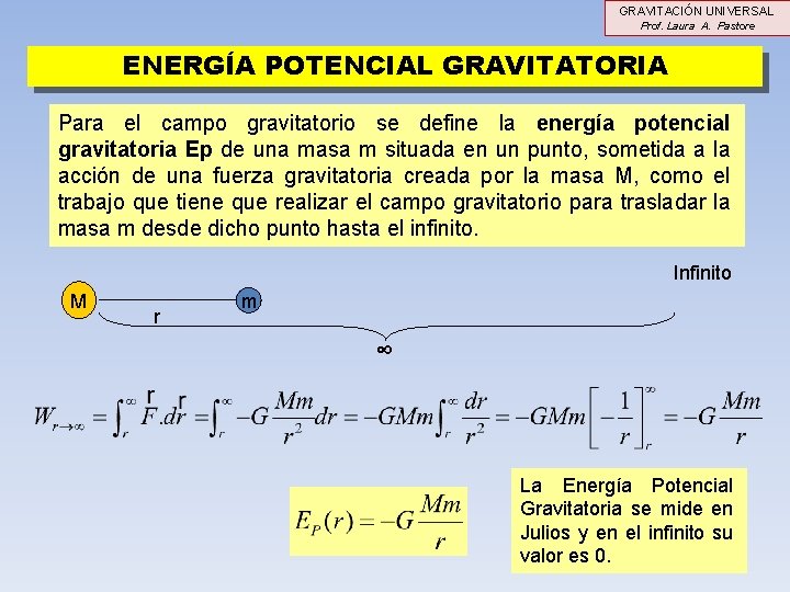 GRAVITACIÓN UNIVERSAL Prof. Laura A. Pastore ENERGÍA POTENCIAL GRAVITATORIA Para el campo gravitatorio se GRAVITACIÓN UNIVERSAL Prof. Laura A. Pastore ENERGÍA POTENCIAL GRAVITATORIA Para el campo gravitatorio se