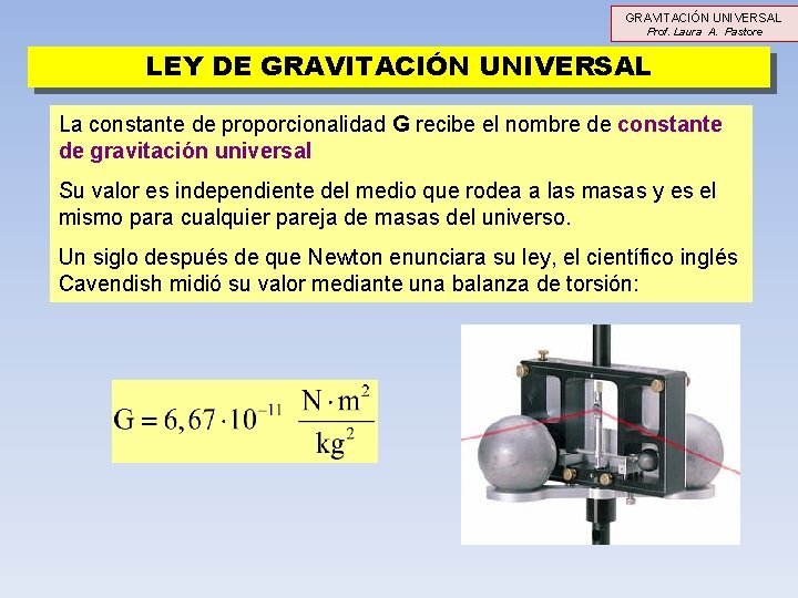 GRAVITACIÓN UNIVERSAL Prof. Laura A. Pastore LEY DE GRAVITACIÓN UNIVERSAL La constante de proporcionalidad GRAVITACIÓN UNIVERSAL Prof. Laura A. Pastore LEY DE GRAVITACIÓN UNIVERSAL La constante de proporcionalidad