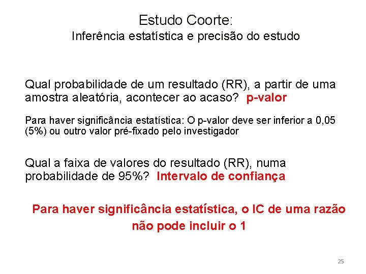 Estudo Coorte: Inferência estatística e precisão do estudo Qual probabilidade de um resultado (RR),