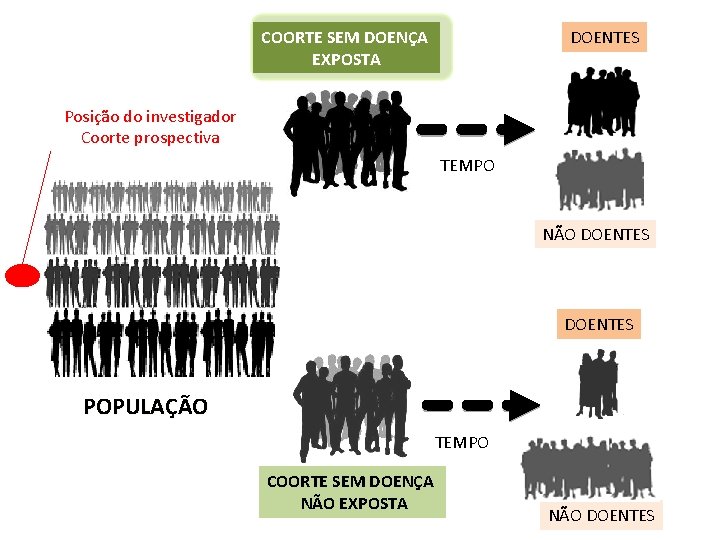 COORTE SEM DOENÇA EXPOSTA DOENTES Posição do investigador Coorte prospectiva TEMPO NÃO DOENTES POPULAÇÃO