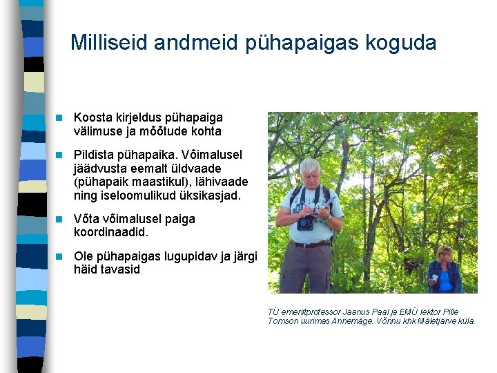 Milliseid andmeid pühapaigas koguda n Koosta kirjeldus pühapaiga välimuse ja mõõtude kohta n Pildista