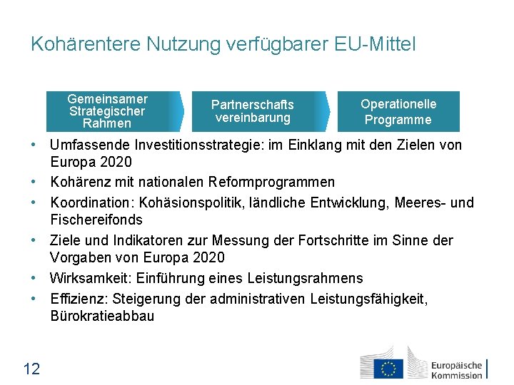 Kohärentere Nutzung verfügbarer EU-Mittel Gemeinsamer Strategischer Rahmen Partnerschafts vereinbarung Operationelle Programme • Umfassende Investitionsstrategie: