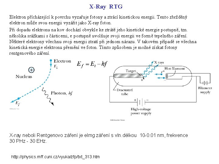 X-Ray RTG Elektron přícházející k povrchu vyzařuje fotony a ztrácí kinetickou energii. Tento zbržděný