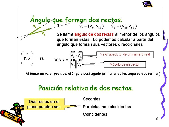 Ángulor que forman dos rectas. s vr vs Se llama ángulo de dos rectas