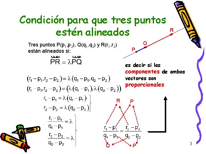 Condición para que tres puntos estén alineados Tres puntos P(p 1, p 2), Q(q