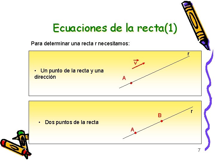 Ecuaciones de la recta(1) Para determinar una recta r necesitamos: r v • Un
