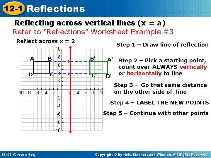 12 -1 Reflections Reflecting across vertical lines (x = a) Refer to “Reflections” Worksheet 12 -1 Reflections Reflecting across vertical lines (x = a) Refer to “Reflections” Worksheet