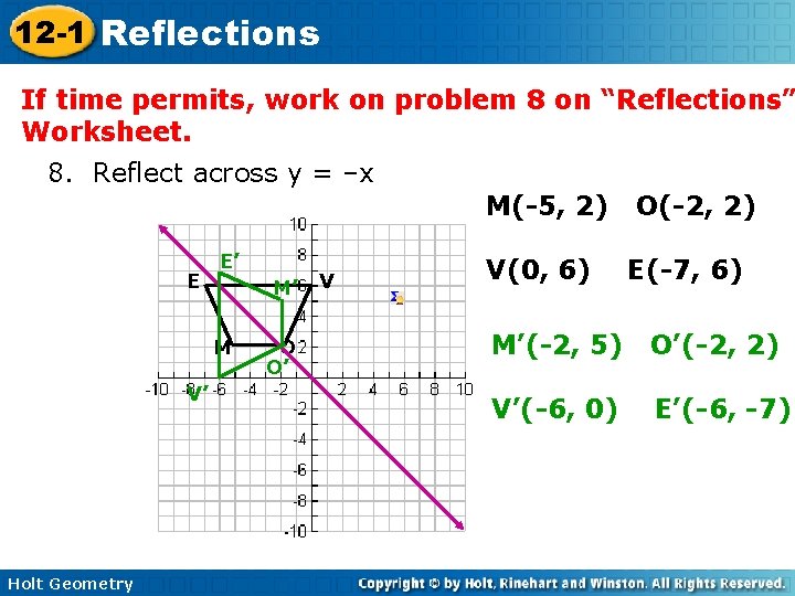 12 -1 Reflections If time permits, work on problem 8 on “Reflections” Worksheet. 8. 12 -1 Reflections If time permits, work on problem 8 on “Reflections” Worksheet. 8.