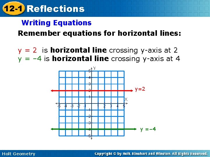 12 -1 Reflections Writing Equations Remember equations for horizontal lines: y = 2 is 12 -1 Reflections Writing Equations Remember equations for horizontal lines: y = 2 is