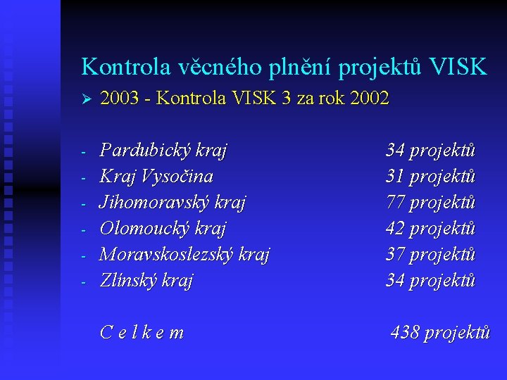 Kontrola věcného plnění projektů VISK Ø 2003 - Kontrola VISK 3 za rok 2002 Kontrola věcného plnění projektů VISK Ø 2003 - Kontrola VISK 3 za rok 2002
