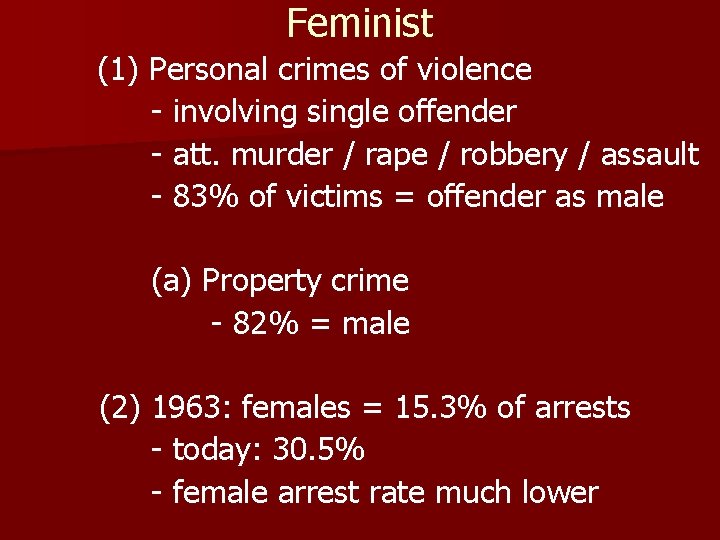 Feminist (1) Personal crimes of violence - involving single offender - att. murder /