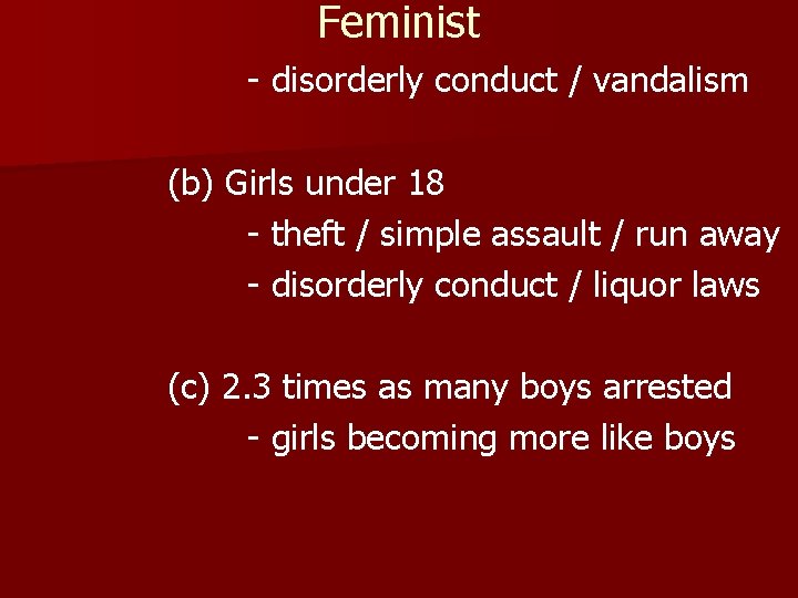 Feminist - disorderly conduct / vandalism (b) Girls under 18 - theft / simple