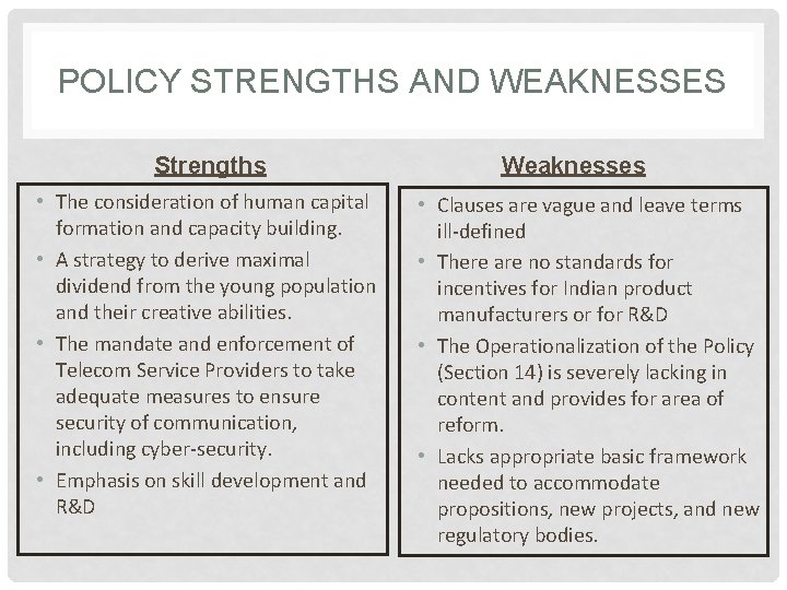 POLICY STRENGTHS AND WEAKNESSES Strengths • The consideration of human capital formation and capacity