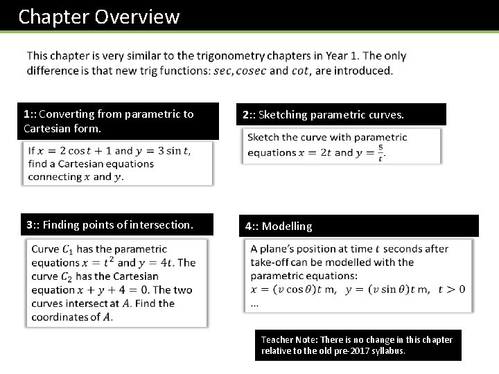 Chapter Overview 1: : Converting from parametric to Cartesian form. 2: : Sketching parametric