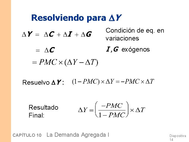 Resolviendo para Y Condición de eq. en variaciones I , G exógenos Resuelvo Y
