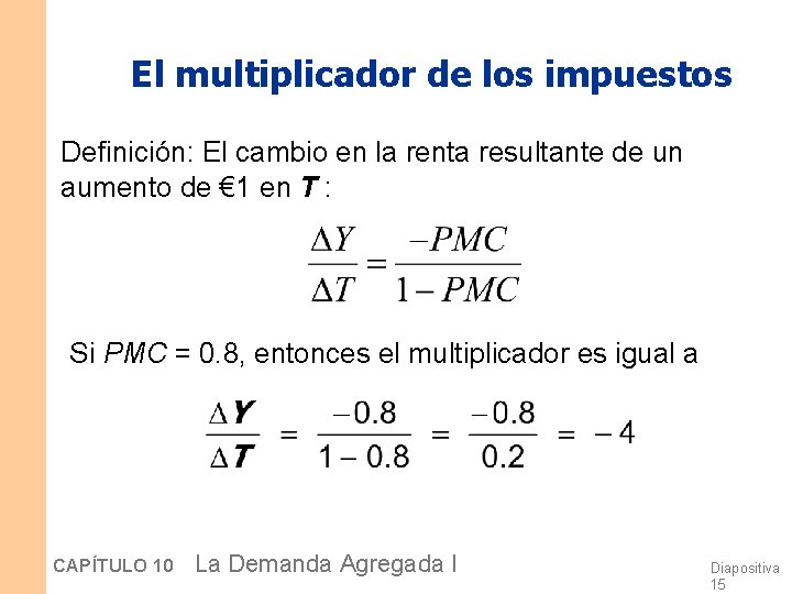 El multiplicador de los impuestos Definición: El cambio en la renta resultante de un
