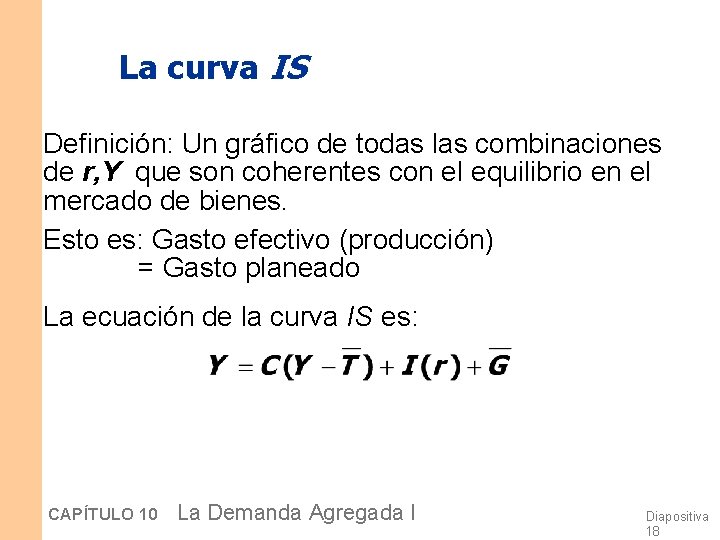 La curva IS Definición: Un gráfico de todas las combinaciones de r, Y que