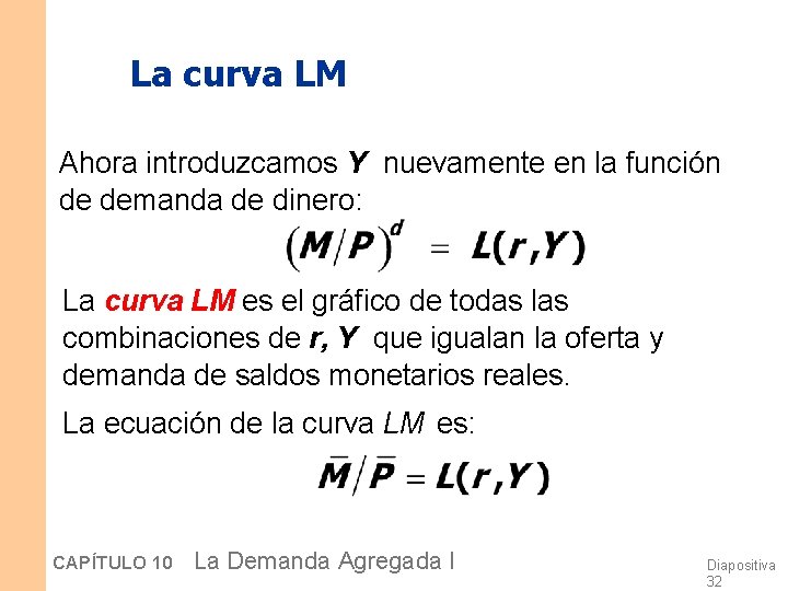 La curva LM Ahora introduzcamos Y nuevamente en la función de demanda de dinero: