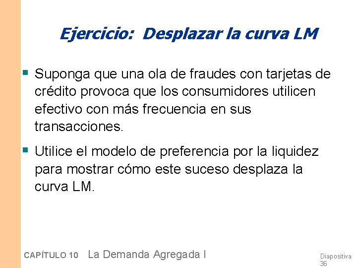 Ejercicio: Desplazar la curva LM § Suponga que una ola de fraudes con tarjetas