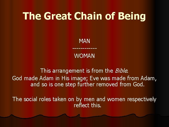 The Great Chain of Being MAN ------WOMAN This arrangement is from the Bible. God The Great Chain of Being MAN ------WOMAN This arrangement is from the Bible. God