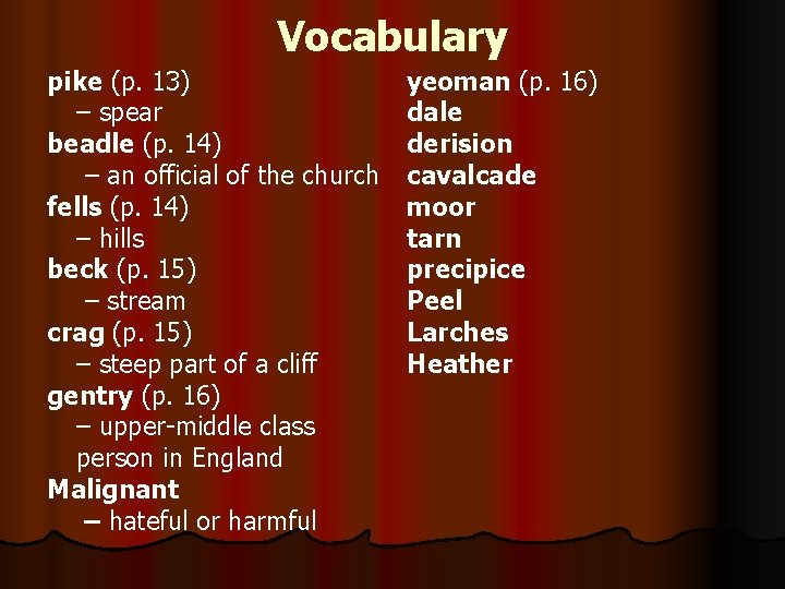 Vocabulary pike (p. 13) – spear beadle (p. 14) – an official of the Vocabulary pike (p. 13) – spear beadle (p. 14) – an official of the
