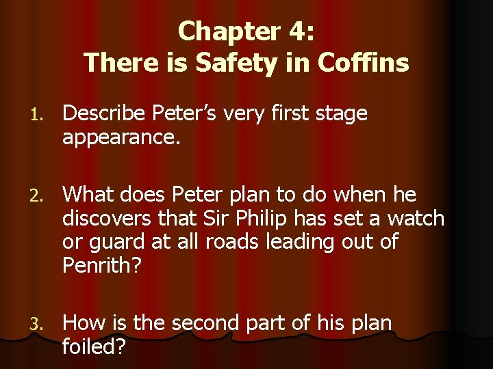 Chapter 4: There is Safety in Coffins 1. Describe Peter’s very first stage appearance. Chapter 4: There is Safety in Coffins 1. Describe Peter’s very first stage appearance.