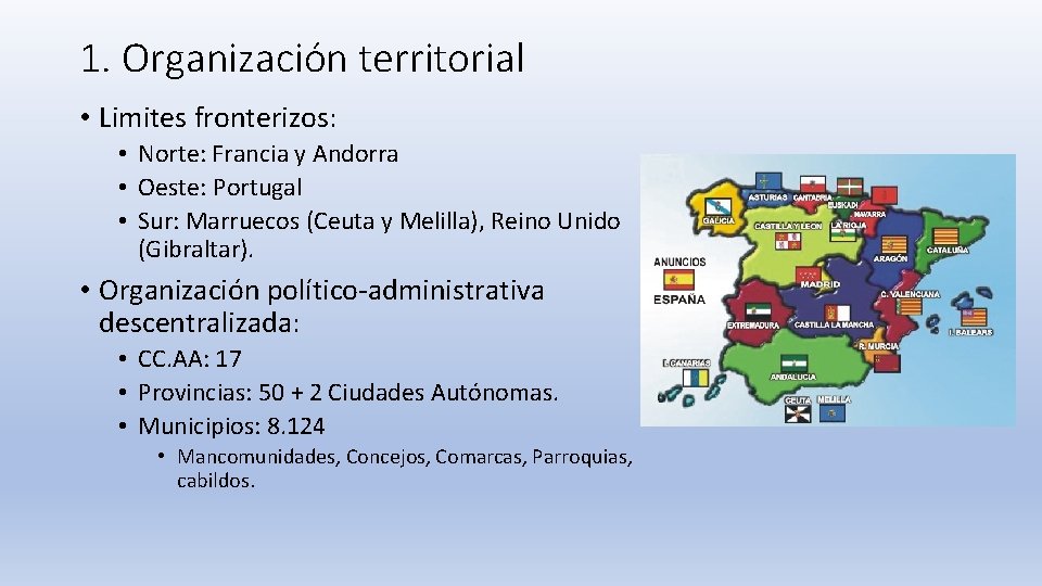1. Organización territorial • Limites fronterizos: • Norte: Francia y Andorra • Oeste: Portugal