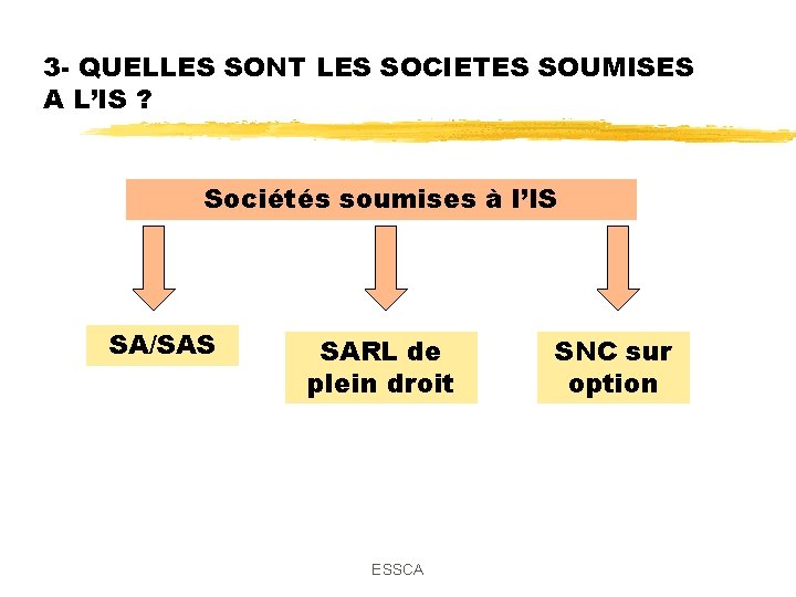 3 - QUELLES SONT LES SOCIETES SOUMISES A L’IS ? Sociétés soumises à l’IS 3 - QUELLES SONT LES SOCIETES SOUMISES A L’IS ? Sociétés soumises à l’IS