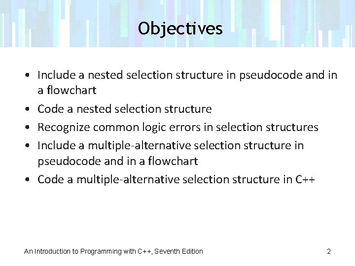 Objectives • Include a nested selection structure in pseudocode and in a flowchart •