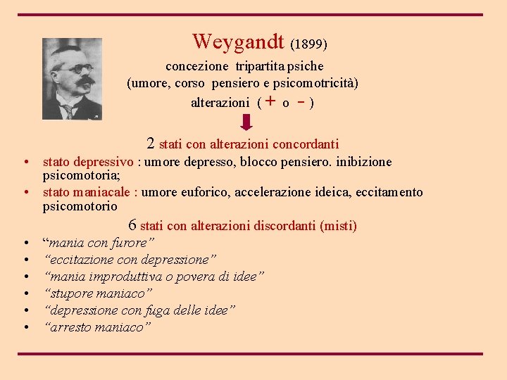 Weygandt (1899) concezione tripartita psiche (umore, corso pensiero e psicomotricità) alterazioni ( + o