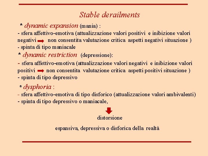 Stable derailments * dynamic expansion (mania) : - sfera affettivo-emotiva (attualizzazione valori positivi