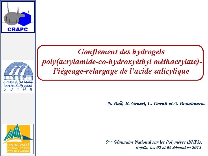 Gonflement des hydrogels poly(acrylamide-co-hydroxyéthyl méthacrylate)- Piégeage-relargage de l’acide salicylique N. Baït, B. Grassl, C.