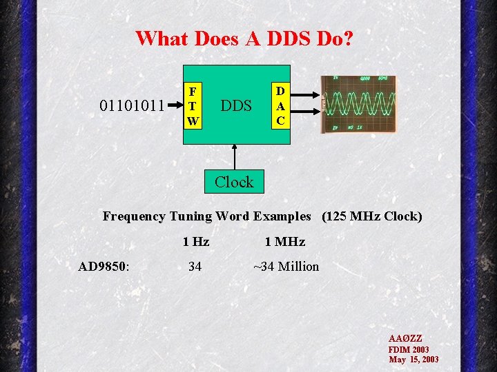 What Does A DDS Do? 01101011 F T W D A C DDS Clock