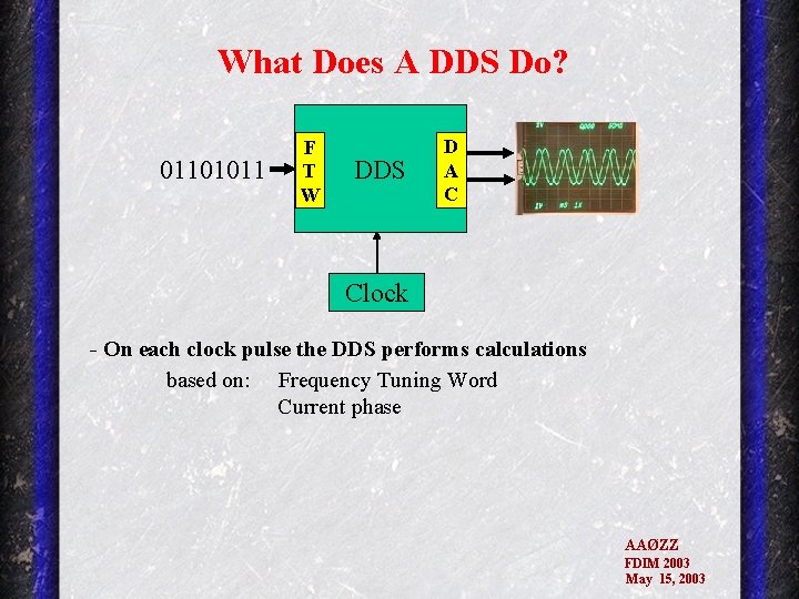 What Does A DDS Do? 01101011 F T W DDS D A C Clock