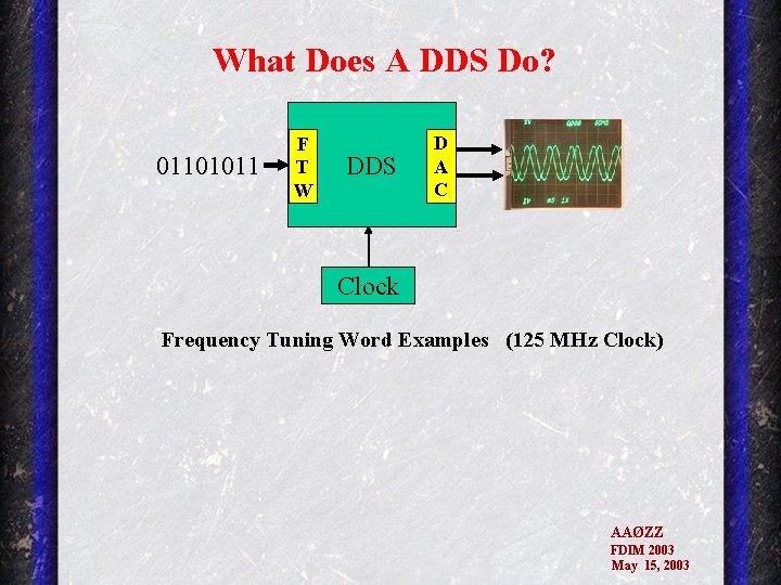 What Does A DDS Do? 01101011 F T W DDS D A C Clock