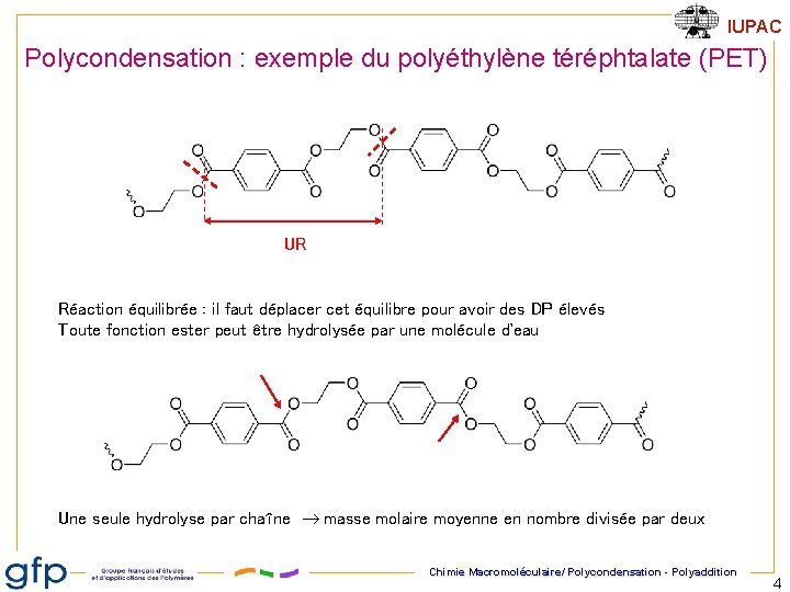 IUPAC Polycondensation : exemple du polyéthylène téréphtalate (PET) UR Réaction équilibrée : il faut