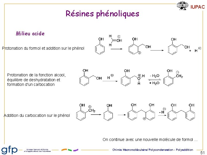 Résines phénoliques IUPAC Milieu acide Protonation du formol et addition sur le phénol Protonation