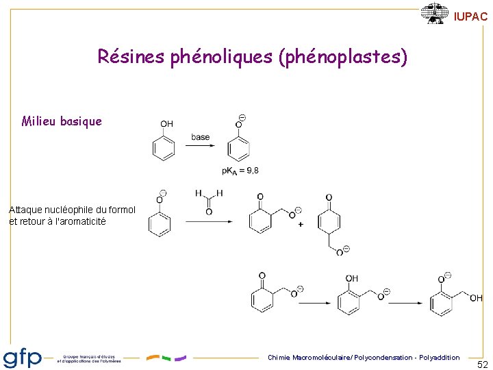 IUPAC Résines phénoliques (phénoplastes) Milieu basique Attaque nucléophile du formol et retour à l'aromaticité