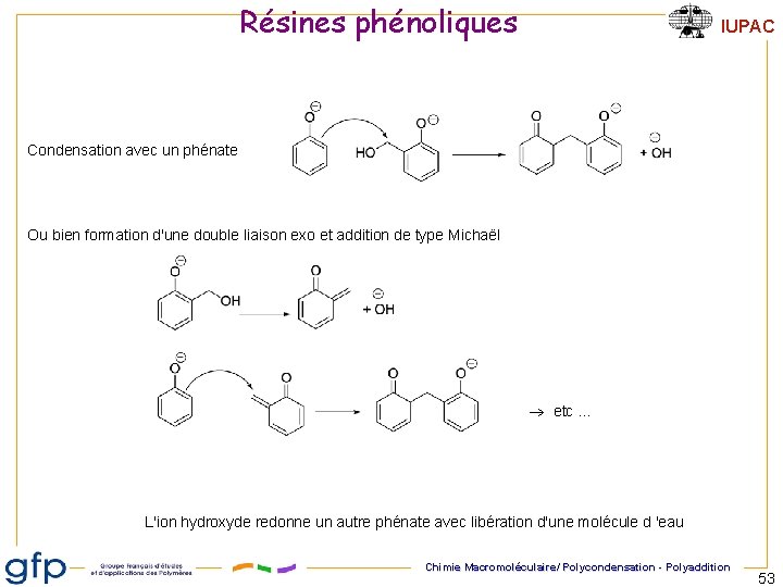 Résines phénoliques IUPAC Condensation avec un phénate Ou bien formation d'une double liaison exo