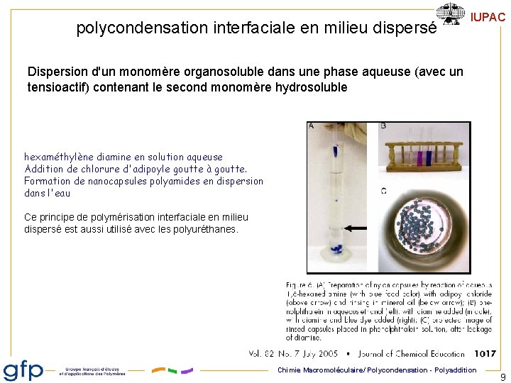 polycondensation interfaciale en milieu dispersé IUPAC Dispersion d'un monomère organosoluble dans une phase aqueuse