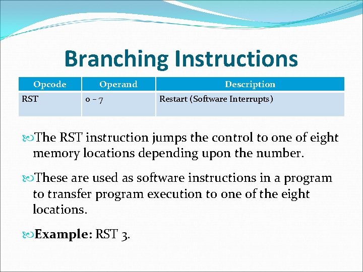 Branching Instructions Opcode RST Operand 0– 7 Description Restart (Software Interrupts) The RST instruction