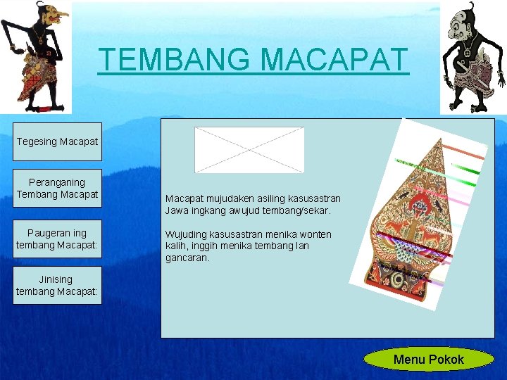 TEMBANG MACAPAT Tegesing Macapat Peranganing Tembang Macapat Paugeran ing tembang Macapat: Macapat mujudaken asiling