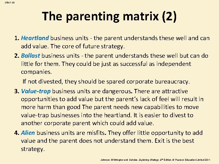 Slide 7. 33 The parenting matrix (2) 1. Heartland business units - the parent