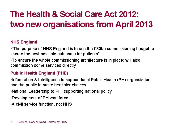 The Health & Social Care Act 2012: two new organisations from April 2013 NHS