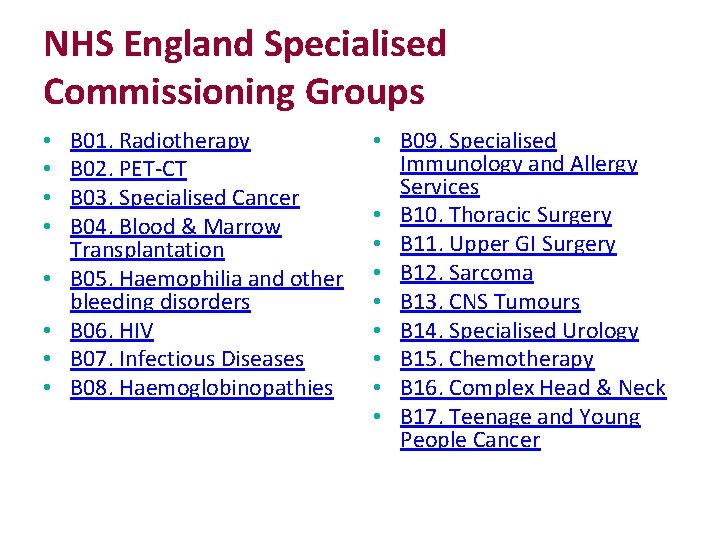 NHS England Specialised Commissioning Groups • • B 01. Radiotherapy B 02. PET-CT B